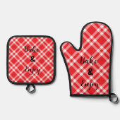 Rood geruit Bake & Enjoy Ovenwant & Pannenlap Set (Voorkant)
