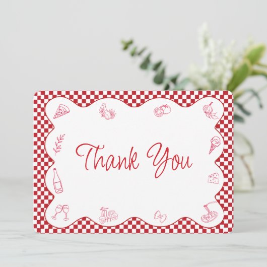 Rood geruit Vrijgezellenfeest met Italiaans thema Bedankkaart (Staand voorkant)