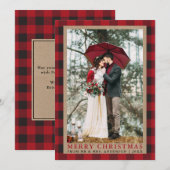 Rood geruite bruiloft foto Merry Christmas Kraft Feestdagenkaart (Voorkant / Achterkant)