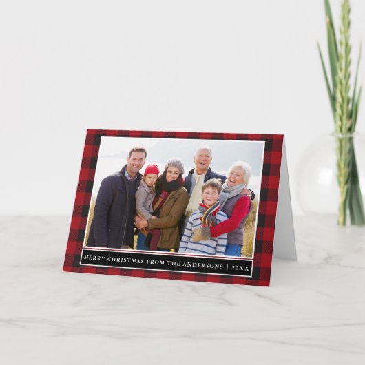 Rood geruite familiefoto Vrolijk kerstfeest gevouw Feestdagen Kaart (Voorkant)