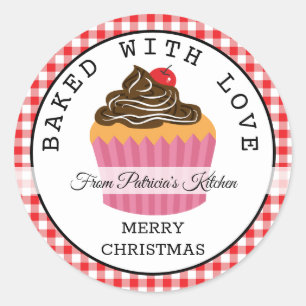 Rood geruite gebakken met liefde kerst cupcakes ronde sticker