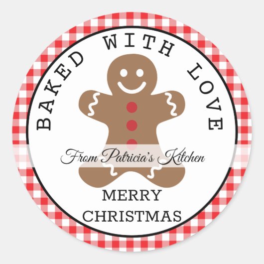 Rood geruite gebakken met liefde kerstkoekjes ronde sticker (Voorkant)