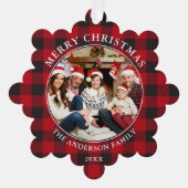 Rood geruite rustieke vrolijke kerst foto ornament kaart (Voorkant)