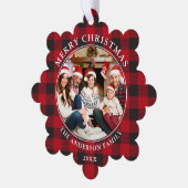 Rood geruite rustieke vrolijke kerst foto ornament kaart (Links)