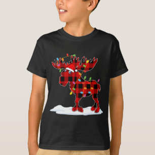 Rood geruite Santa Moose Xmas Lights Dierenvriend T-shirt