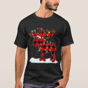 Rood geruite Santa Moose Xmas Lights Dierenvriend T-shirt