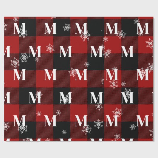 Rood geruite & sneeuwvlokken Monogram Initiaal Win Cadeaupapier (Vlak)