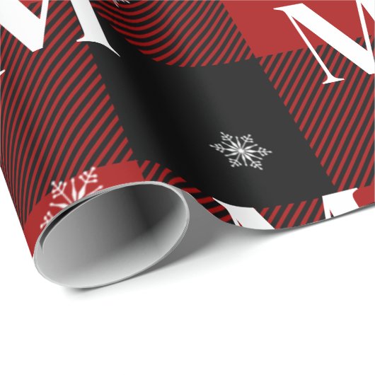 Rood geruite & sneeuwvlokken Monogram Initiaal Win Cadeaupapier (Rol Hoek)
