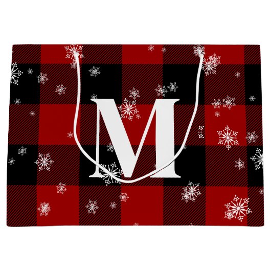 Rood geruite & sneeuwvlokken Monogram Initiaal Win Groot Cadeauzakje (Voorkant)