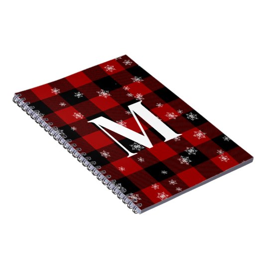 Rood geruite & sneeuwvlokken Monogram Initiaal Win Notitieboek (Rechterzijde)
