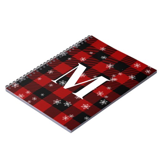 Rood geruite & sneeuwvlokken Monogram Initiaal Win Notitieboek (Linkerzijde)