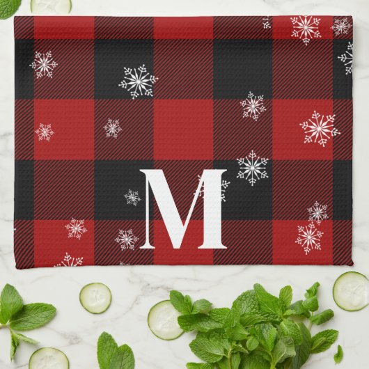 Rood geruite & sneeuwvlokken Monogram Initiaal Win Theedoek (Gevouwen)