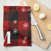 Rood geruite & sneeuwvlokken Monogram Initiaal Win Theedoek (Quarter Fold)