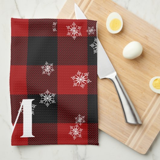 Rood geruite & sneeuwvlokken Monogram Initiaal Win Theedoek (Quarter Fold)