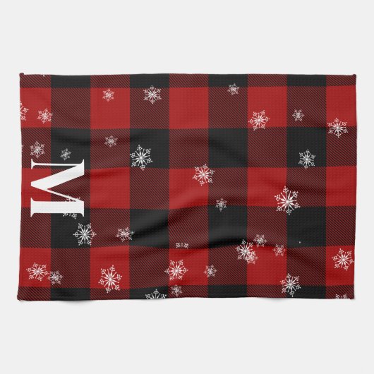 Rood geruite & sneeuwvlokken Monogram Initiaal Win Theedoek (Horizontaal)