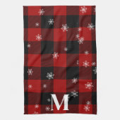 Rood geruite & sneeuwvlokken Monogram Initiaal Win Theedoek (Verticaal)