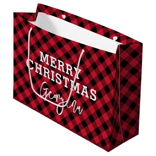 Rood geruite Tartan naam kerst Groot Cadeauzakje (Voorkant Gekanteld)