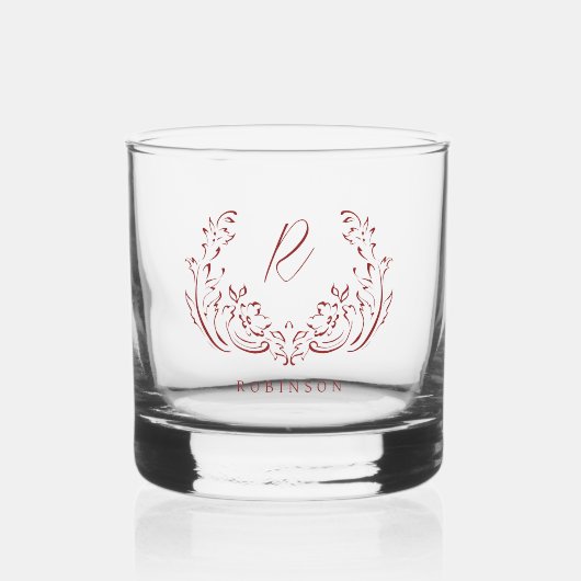 Rood geschetst  bloeien familie monogram whisky glas (Voorkant)