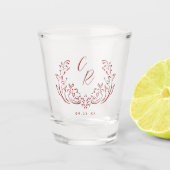 Rood geschetste  bloeien bruiloft monogram shot glas (Voorkant)
