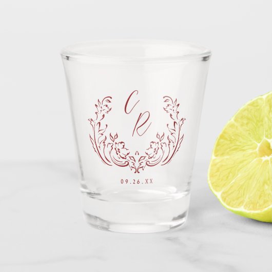 Rood geschetste  bloeien bruiloft monogram shot glas (Voorkant)