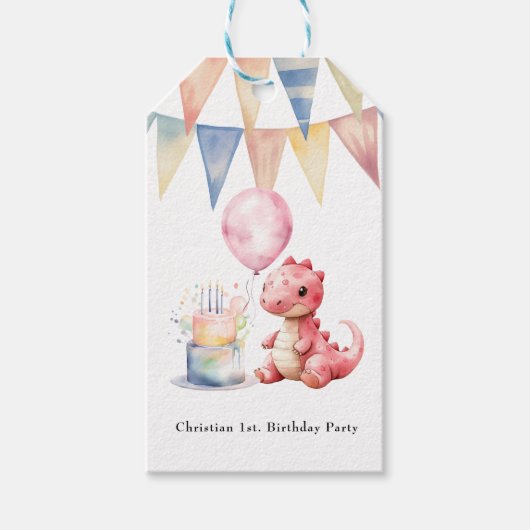 Rood geschilderde dinosaurus One een Saurus verjaa Cadeaulabel (Voorkant)