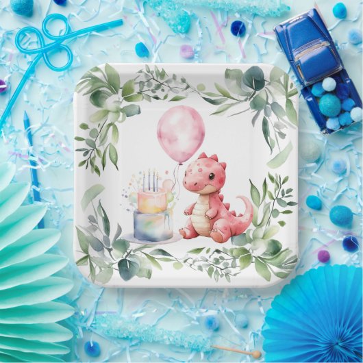 Rood geschilderde dinosaurus One een Saurus verjaa Papieren Bordje (Feest)