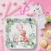 Rood geschilderde dinosaurus One een Saurus verjaa Papieren Bordje (Feest)