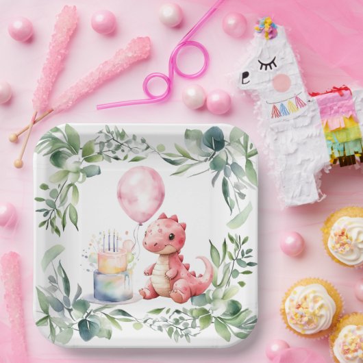 Rood geschilderde dinosaurus One een Saurus verjaa Papieren Bordje (Feest)