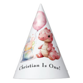 Rood geschilderde dinosaurus op een Saurus verjaar Feesthoedjes