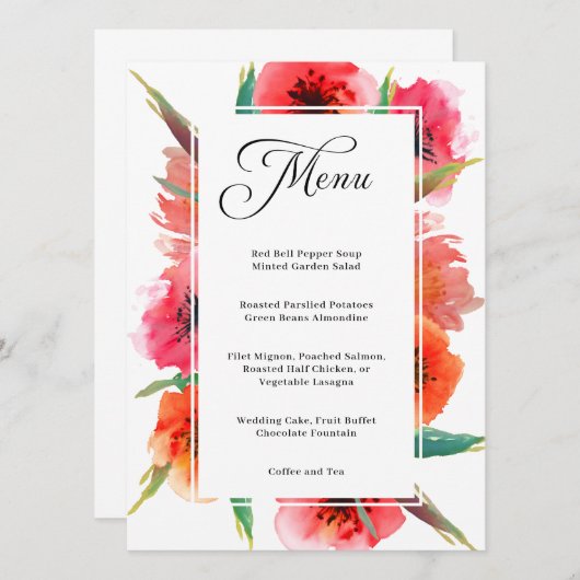 Rood geschilderde papavers bloemenbruiloft menu (Voorkant / Achterkant)