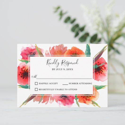 Rood geschilderde papavers bloemenbruiloft RSVP (Staand voorkant)