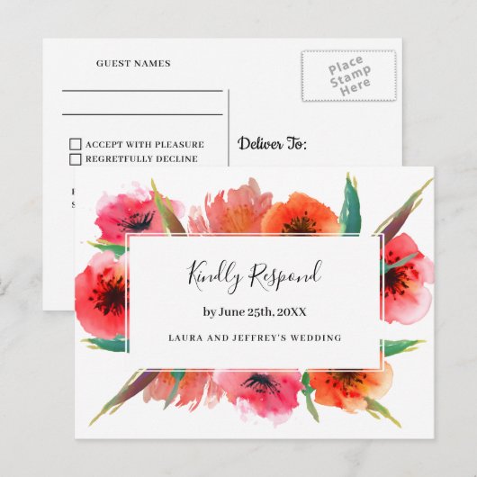 Rood geschilderde papavers bloemenbruiloft RSVP Uitnodiging Briefkaart (Voorkant / Achterkant)