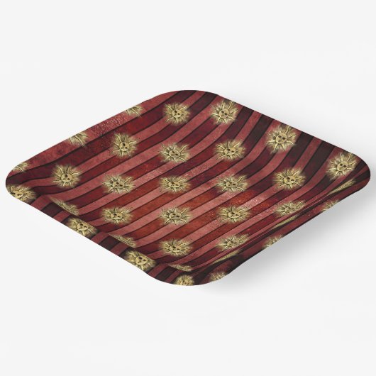 Rood gestreept goud zon gezicht patroon  gotisch papieren bordje (Gebogen)