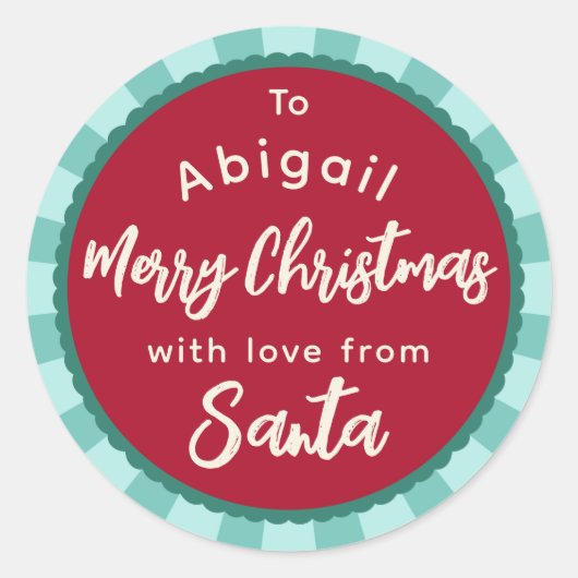 Rood gestreept van kerstcadeausticker ronde sticker (Voorkant)