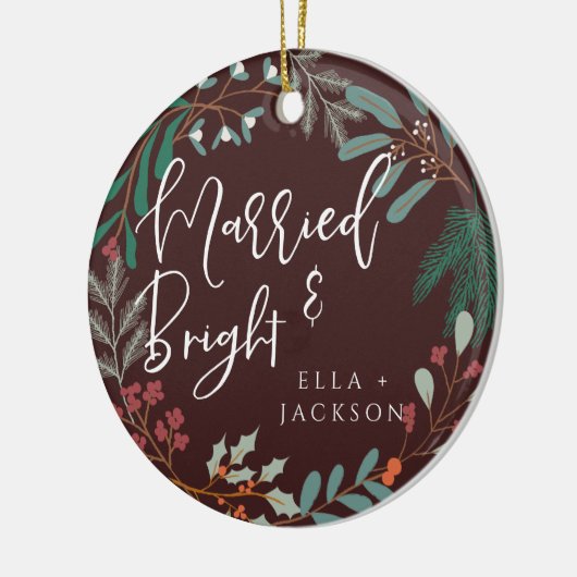 Rood getrouwd en helder eerste kerst botanisch keramisch ornament (Links)