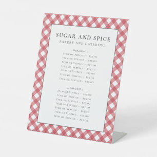 Rood gingham menu, productlijst, servicelijst reclamebord met voetstuk