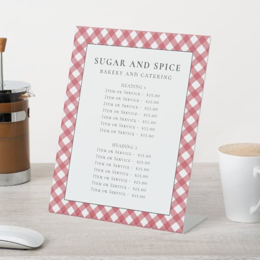 Rood gingham menu, productlijst, servicelijst reclamebord met voetstuk (Insitu)