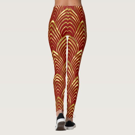 Rood & Glanzend Goud Art-Deco geometrisch patroon Leggings (Achterkant)