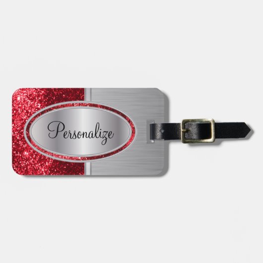 Rood glitter en metaal staal afdrukken bagagelabel (Voorkant horizontaal)