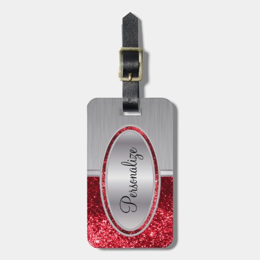 Rood glitter en metaal staal afdrukken bagagelabel (Voorkant verticaal)