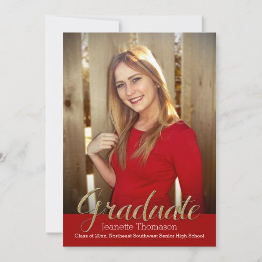 Rood Glitter Overlay Foto Afstuderen Aankondiging (Voorkant)