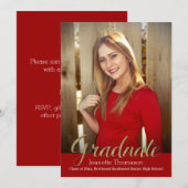 Rood Glitter Overlay Foto Afstuderen Aankondiging (Voorkant / Achterkant)