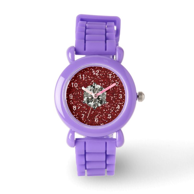 Rood Glitter Rhinestone Stijl Glam Meisje Horloge (Voorkant)