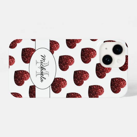 Rood glitter sparkles Gevoelspatroon wit monogram iPhone Hoesje (Achterkant horizontaal)