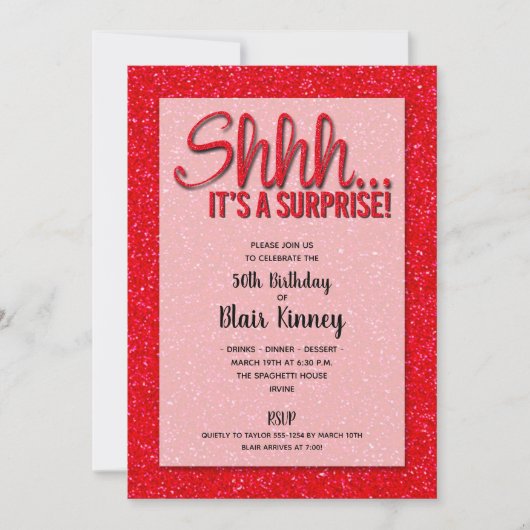 Rood Glitter SURPRISE Birthday Invitations (Voorkant)