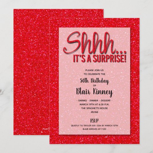 Rood Glitter SURPRISE Birthday Invitations (Voorkant / Achterkant)
