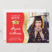 Rood | Gold Afstuderen Wave Afstudeerder Pet Foto Aankondiging (Voorkant)