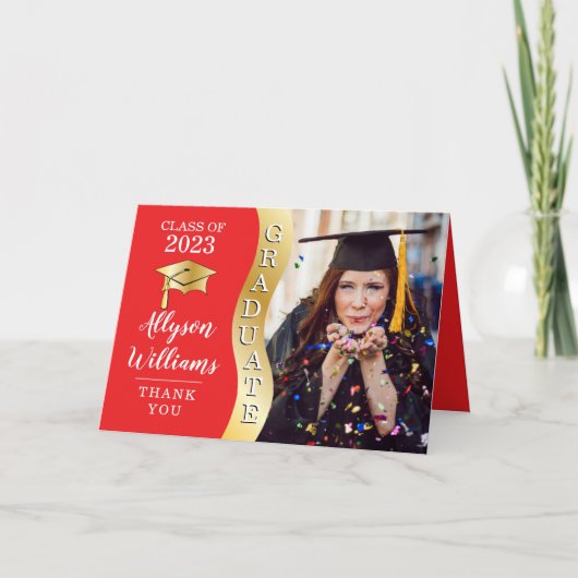 Rood | Gold Afstuderen Wave Afstudeerder Pet Foto Bedankkaart (Voorkant)