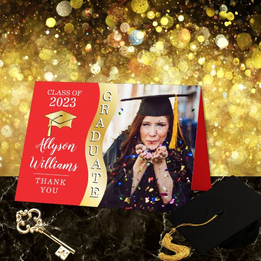 Rood | Gold Afstuderen Wave Afstudeerder Pet Foto Bedankkaart