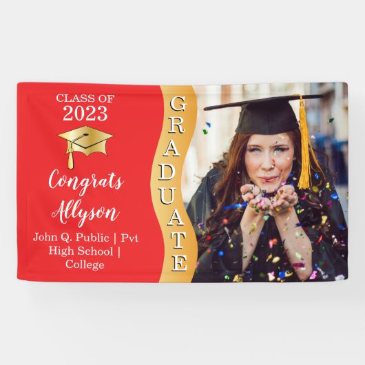 Rood | Gold Congrats Afstuderen Wave Photo Spandoek (Horizontaal)